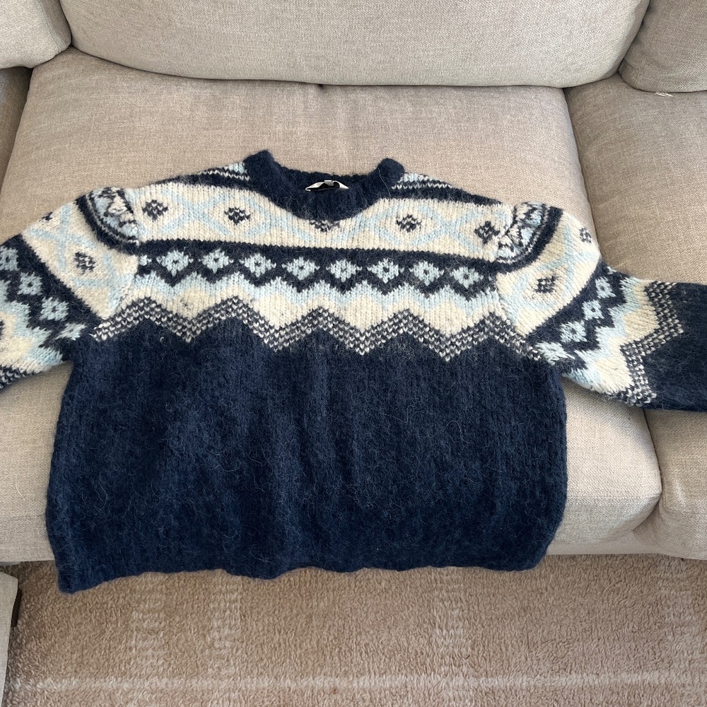 SEA New York Blue Fair Isle Intarsia Wool Alpaca Sweater Oversized XS